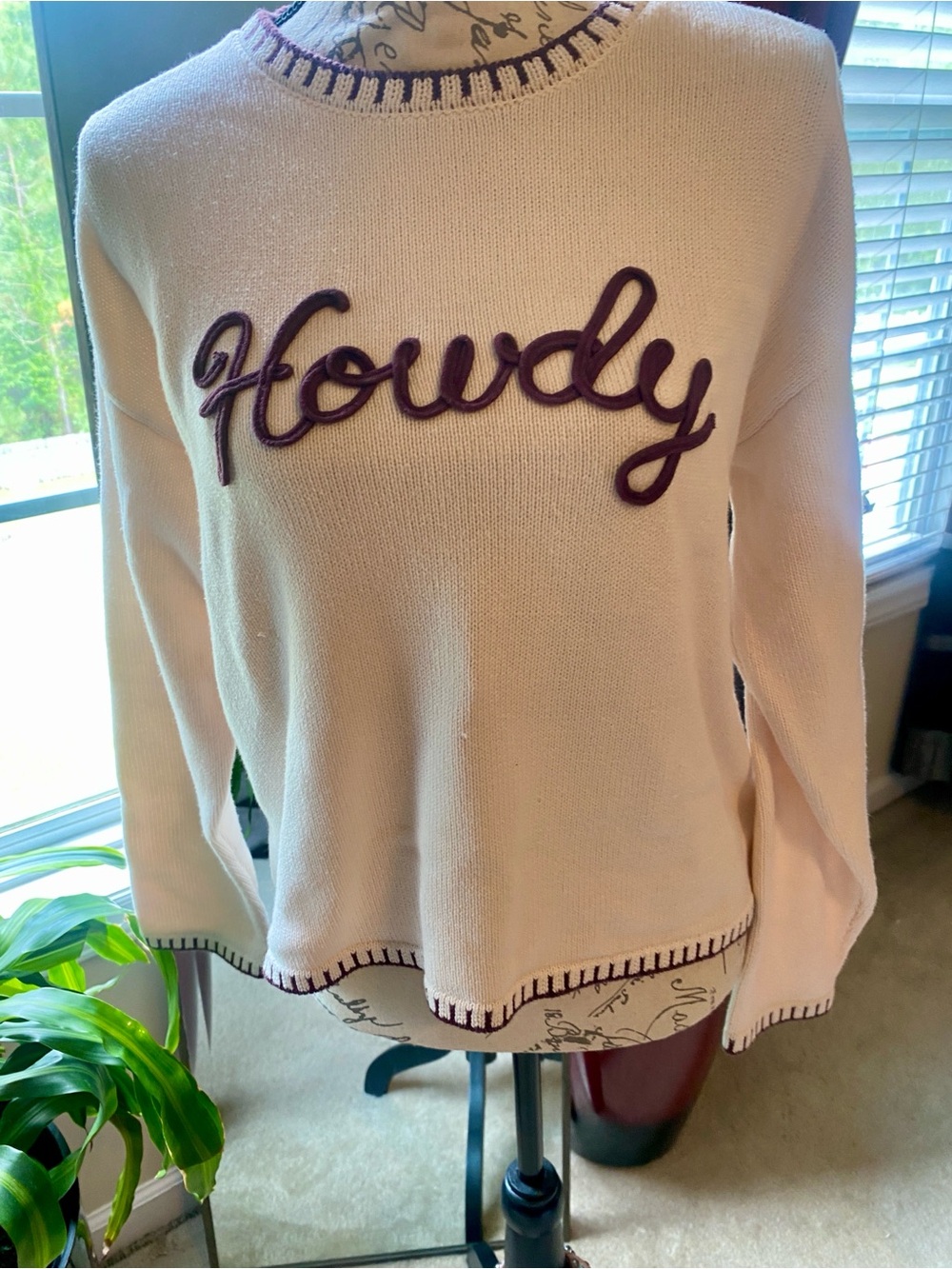 Howdy Embroidered Cream Sweater with brown Trim